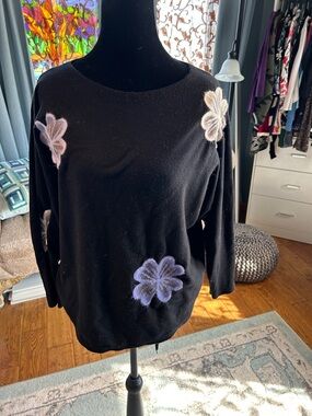 Black Crewneck Sweater with Pastel Floral Appliqués
